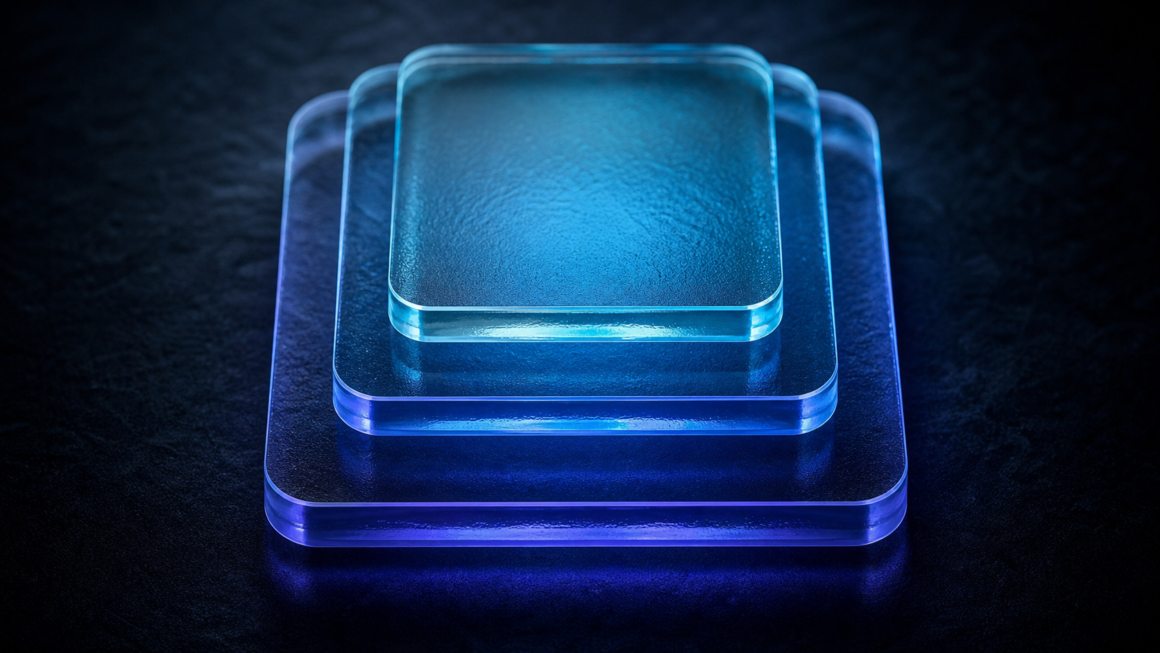 Four stacked translucent layers glowing in ordered sequence on a dark background