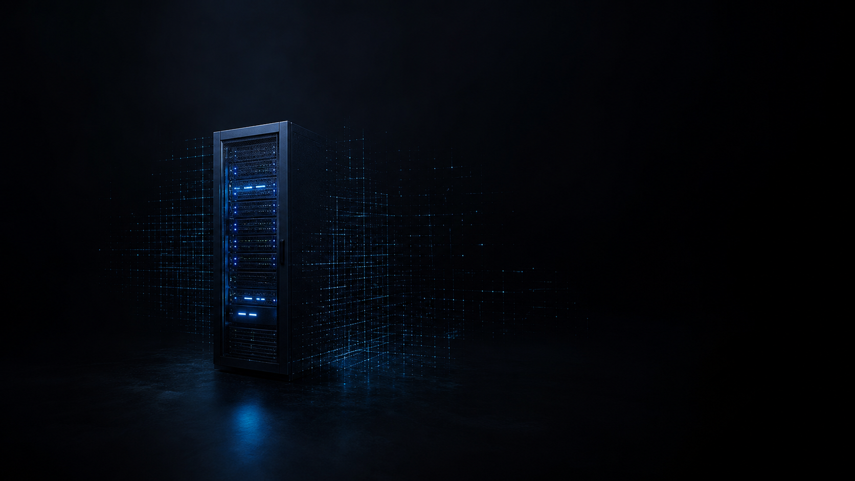 A dim server rack fading into dark empty space