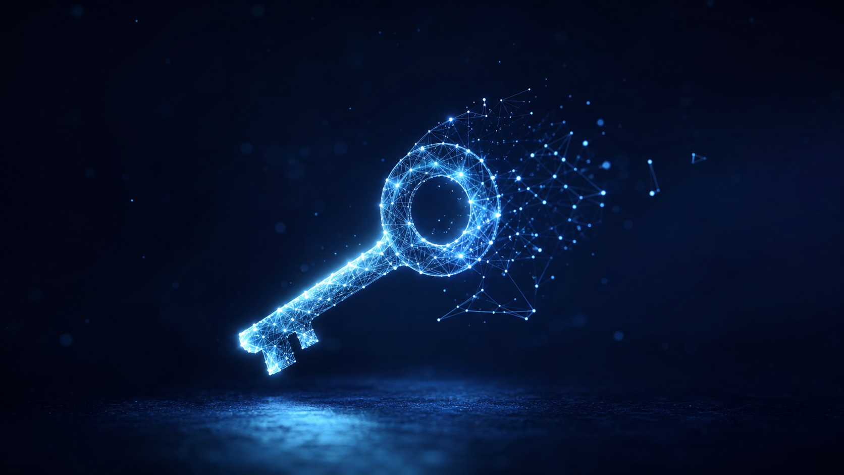 Abstract glowing key dissolving into fine network lines on a dark indigo background