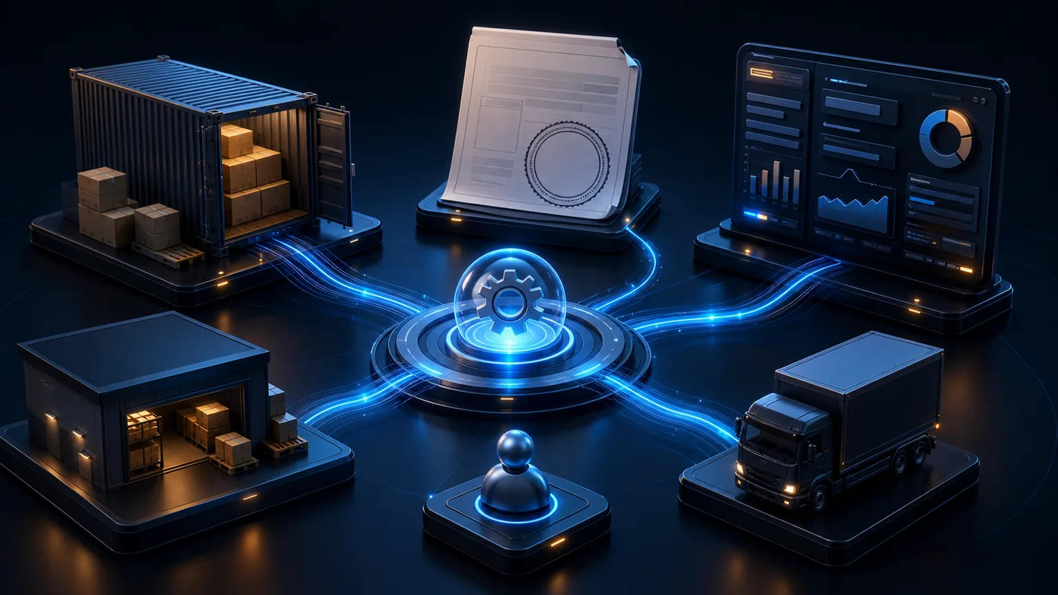 Abstract 3D visual of import back-office automation — shipping container, customs document, warehouse, truck and dashboard wired into a central automation hub