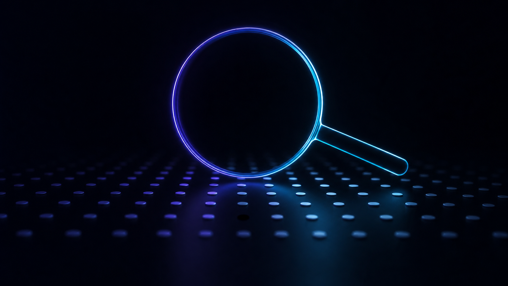 Abstract lens of light over a field of dots with one dot dimmed, indexing concept