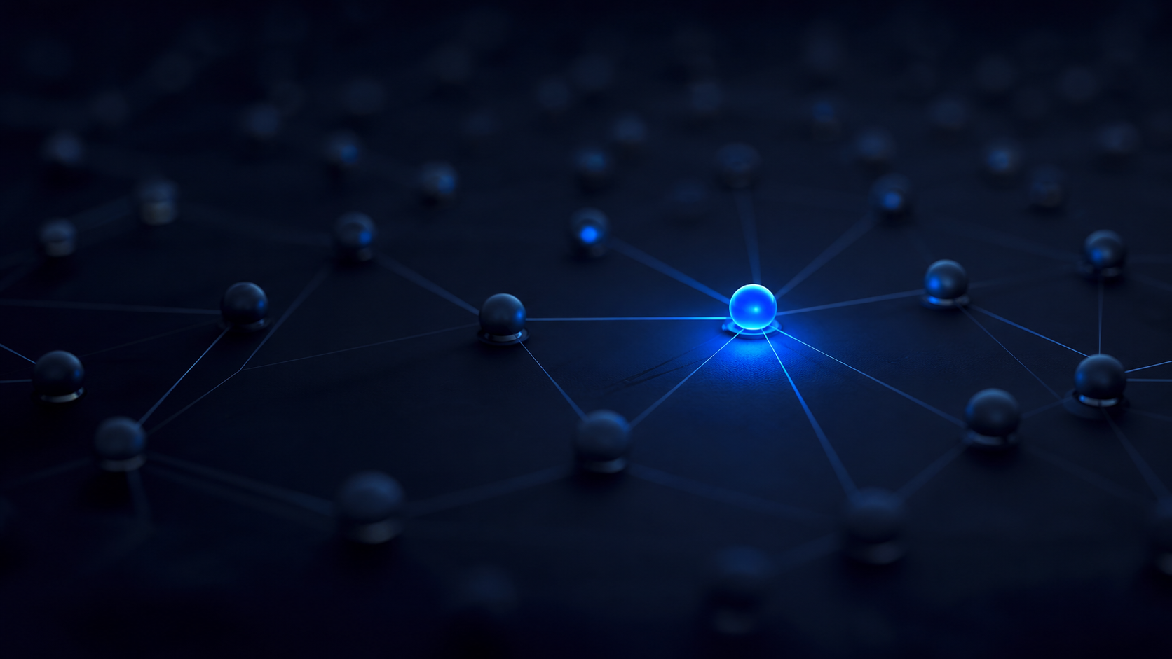 Abstract dark editorial image of a search index grid with a single node glowing in indigo and cyan