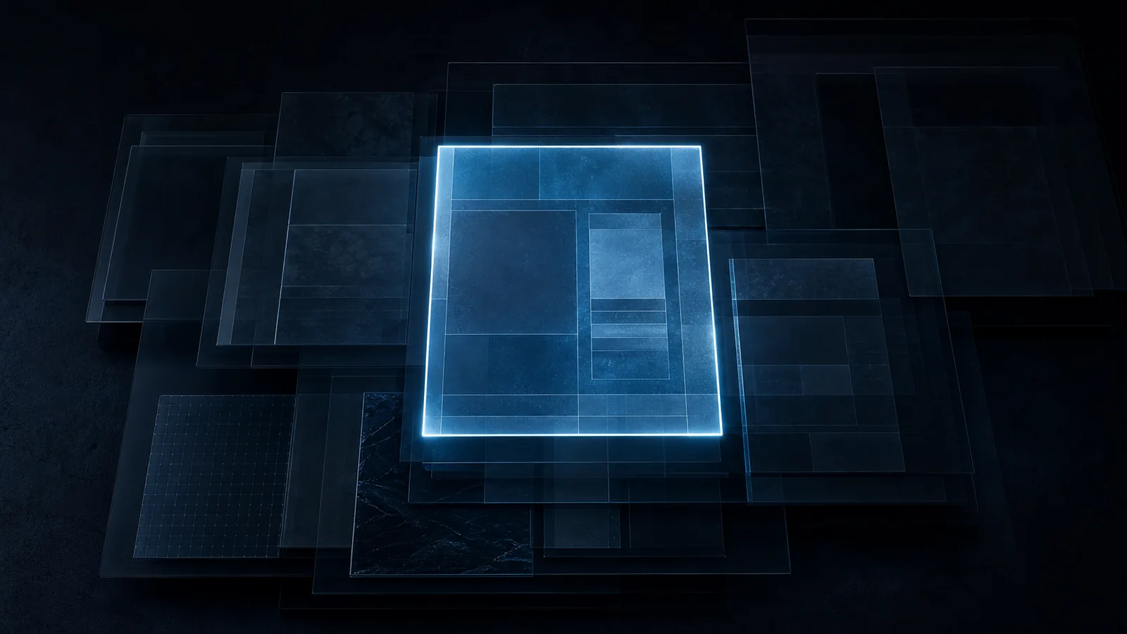 Top-down stacked translucent layers, most dim, one glowing