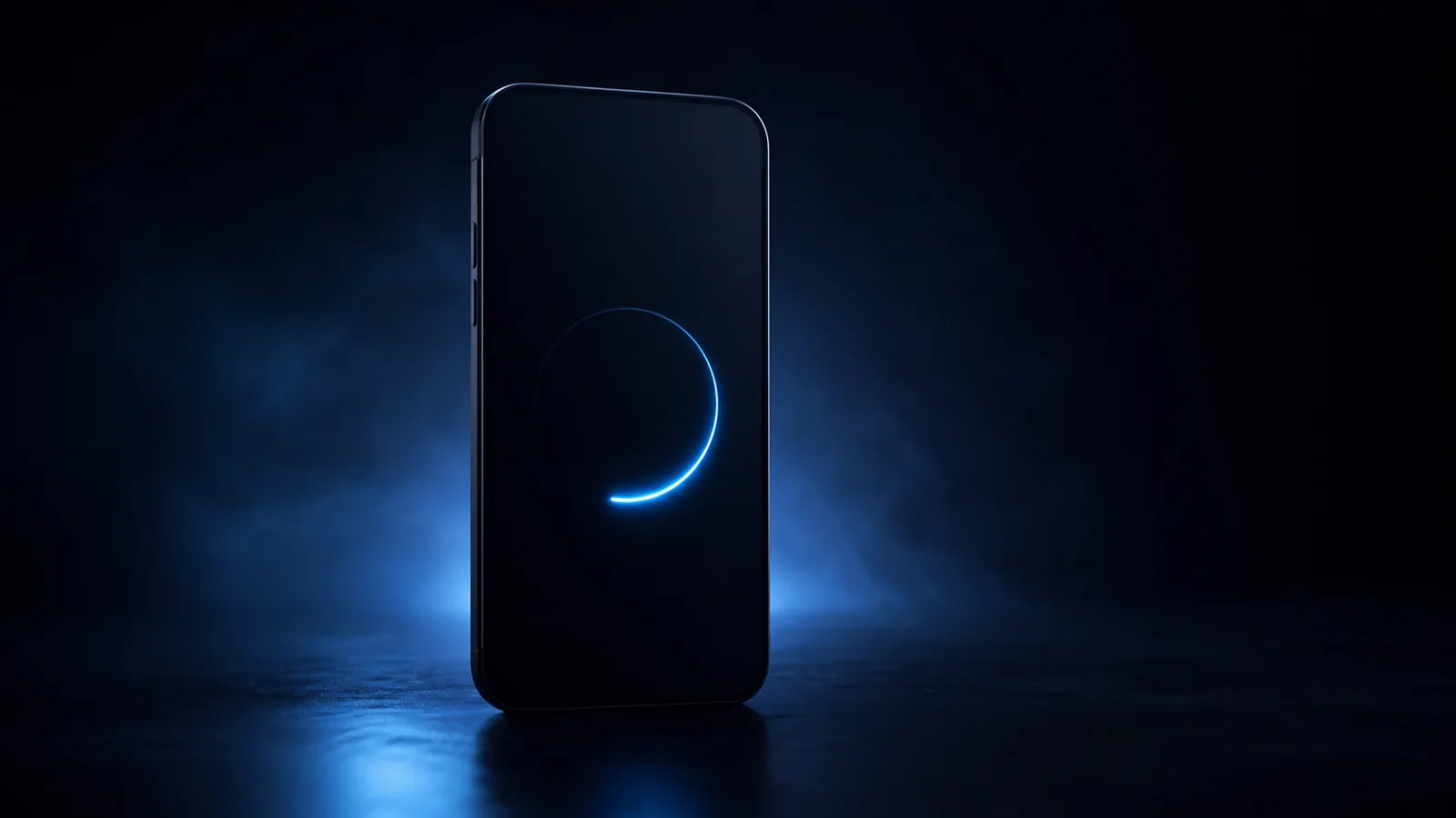 Abstract dark illustration of a phone screen slowly filling as a page loads, indigo and cyan glow